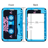 Front and back views of a blue vintage cassette tape lanyard with an ID badge holder.