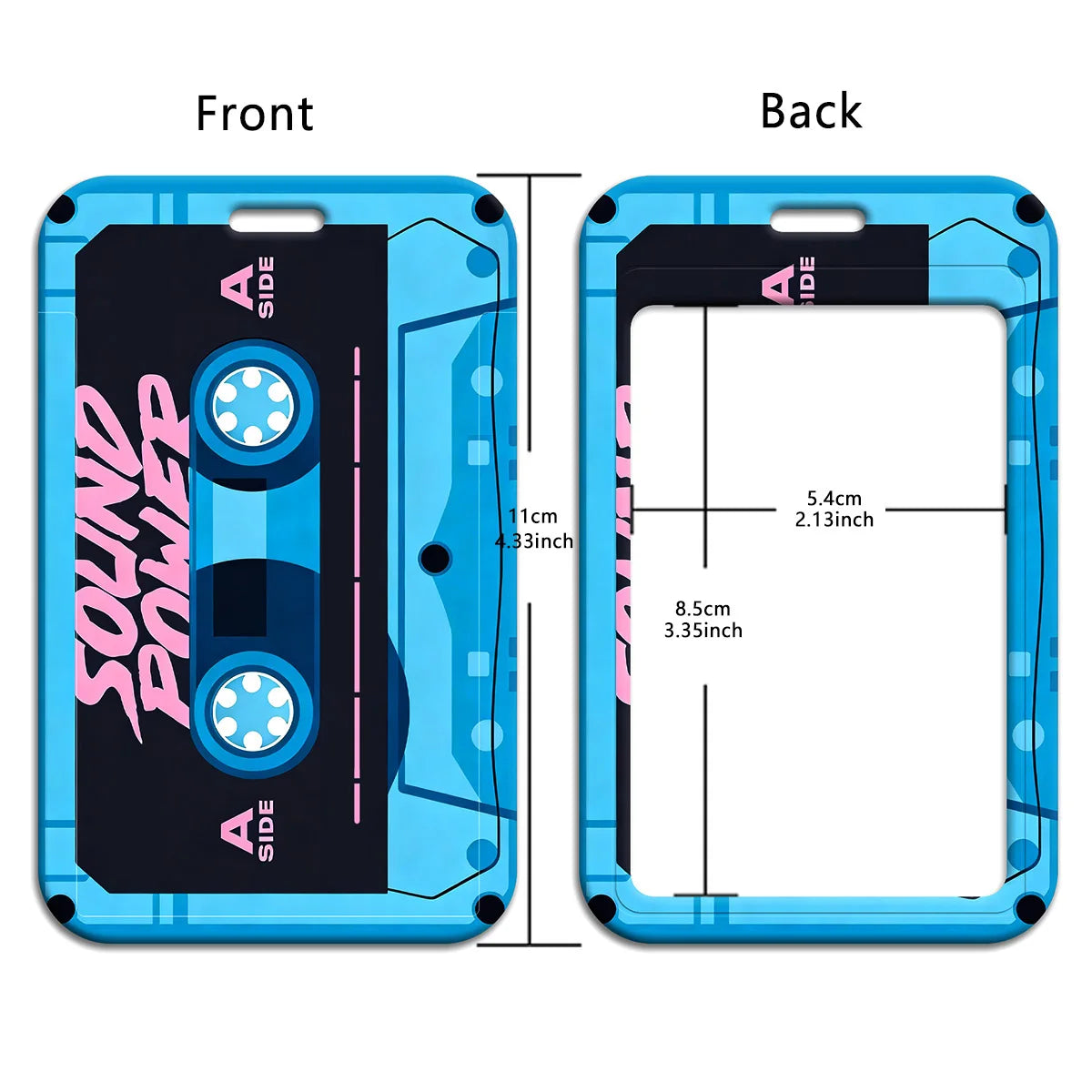 Front and back views of a blue vintage cassette tape lanyard with an ID badge holder.