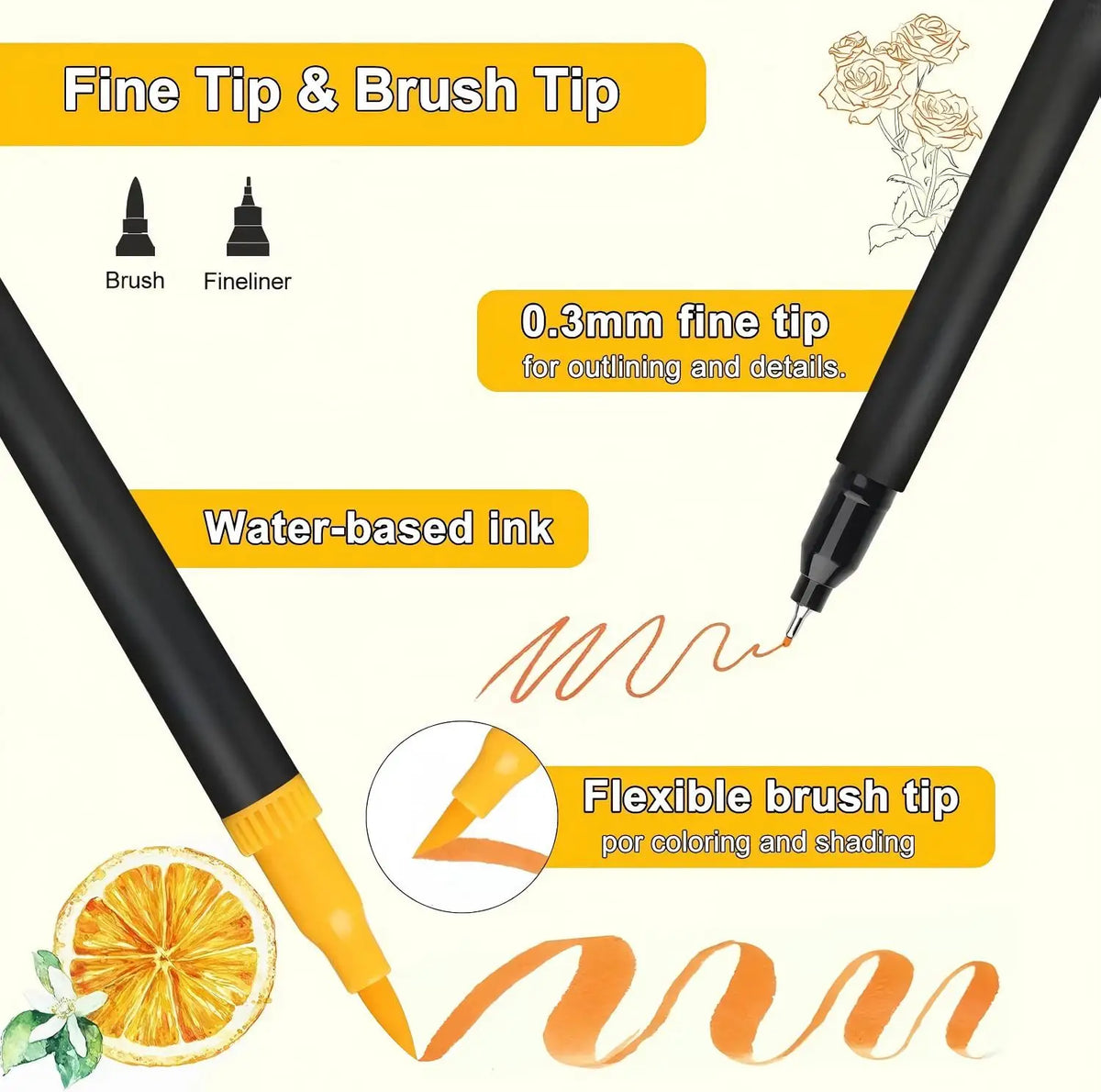 A black dual-tip brush marker pen with an orange tip, showing fine and flexible brush tips for outlining and coloring.