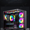 صندوق كمبيوتر أسود مزود بمراوح RGB مضيئة ومكونات، يعرض تجربة بصرية مثيرة.