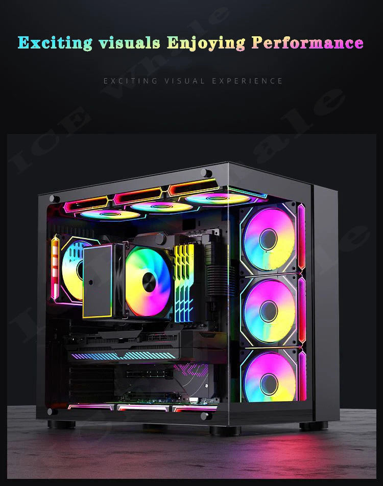 صندوق كمبيوتر أسود مزود بمراوح RGB مضيئة ومكونات، يعرض تجربة بصرية مثيرة.