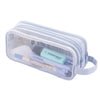 A clear mesh pencil pouch with a light purple strap containing various writing tools and supplies.