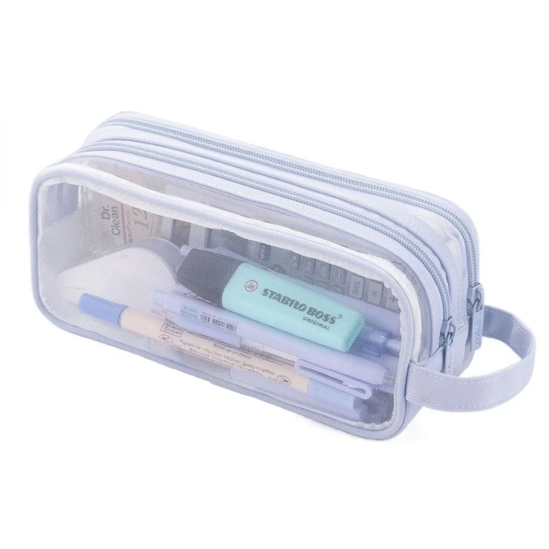 A clear mesh pencil pouch with a light purple strap containing various writing tools and supplies.