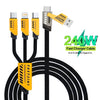 A yellow 240W fast charger cable with three connectors for USB A, Type-C, and Lightning devices.