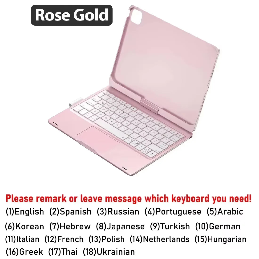 A pink Rose Gold backlit keyboard case for an iPad, shown open and ready for use.