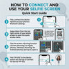 A four-step guide showing how to connect and use a selfie screen with a smartphone.