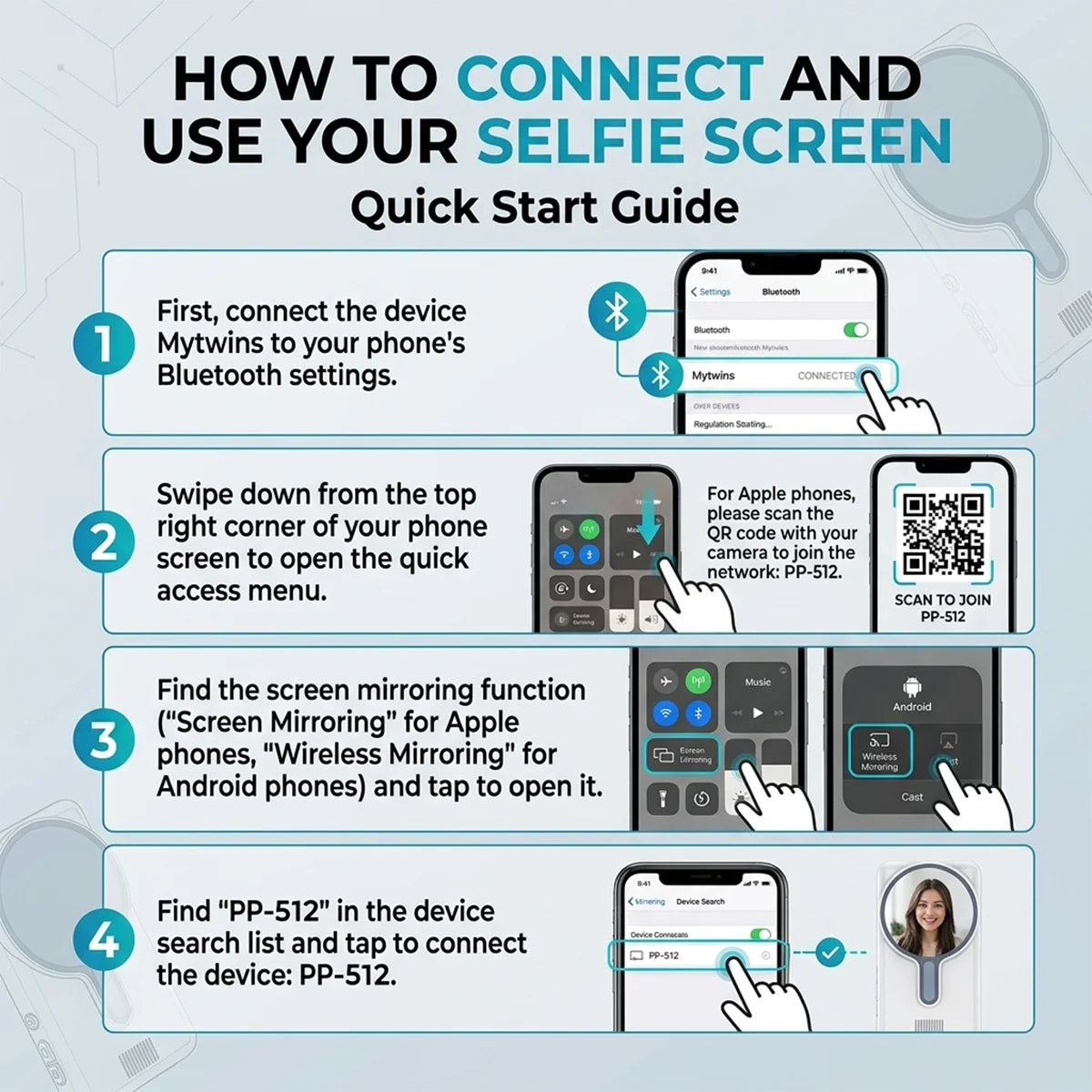 A four-step guide showing how to connect and use a selfie screen with a smartphone.