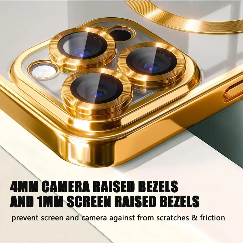 Goldener magnetischer kabelloser Handy-Cover für iPhone mit Kamera- und Schutzfunktionen.