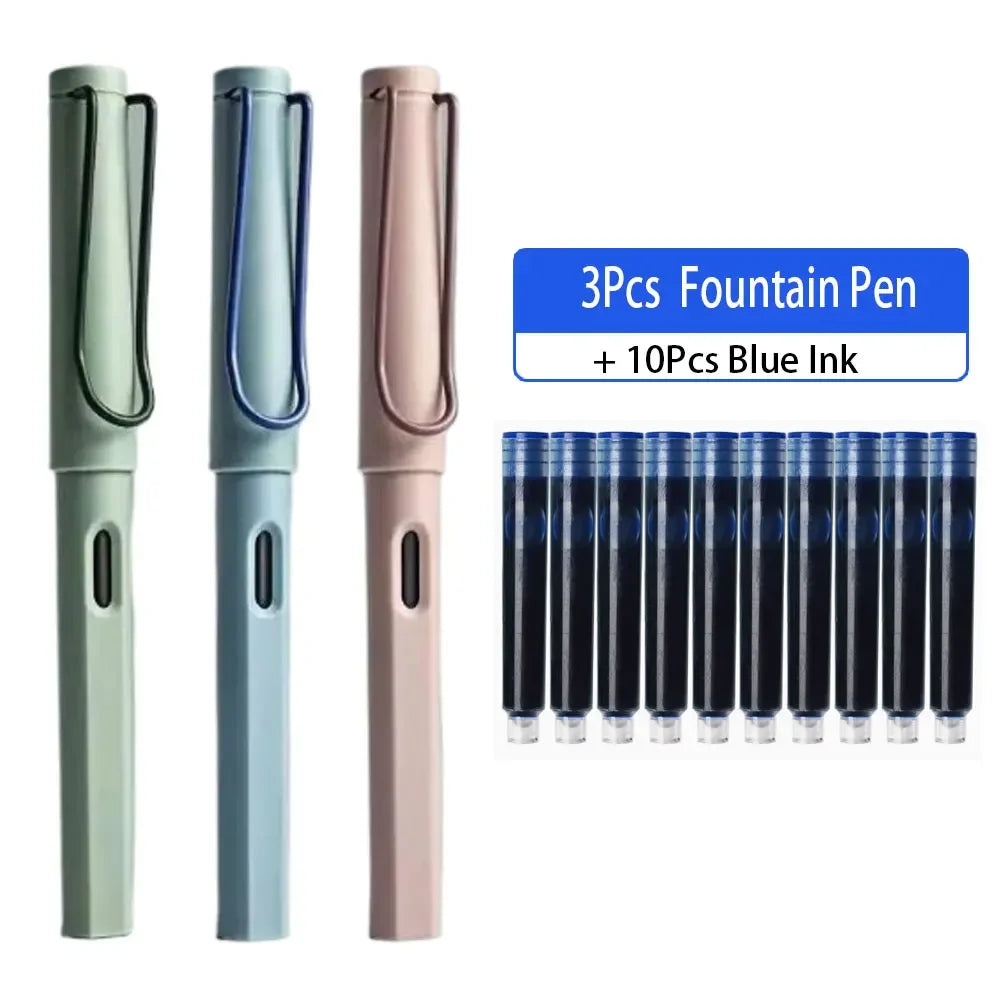 A set of three Morandi Retro Fountain Pens in green, blue, and pink with ten blue ink cartridges.