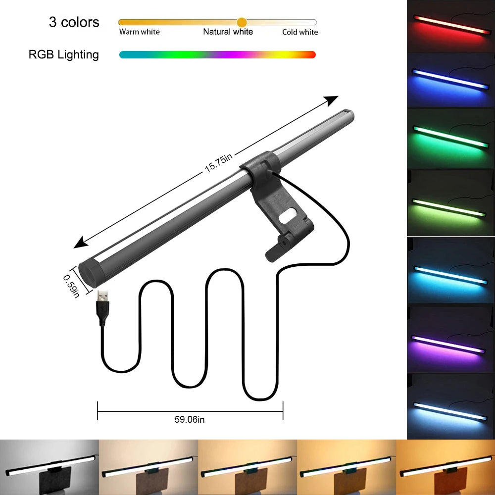 A long LED monitor light bar with adjustable color temperature lighting shown in various colors and angles.