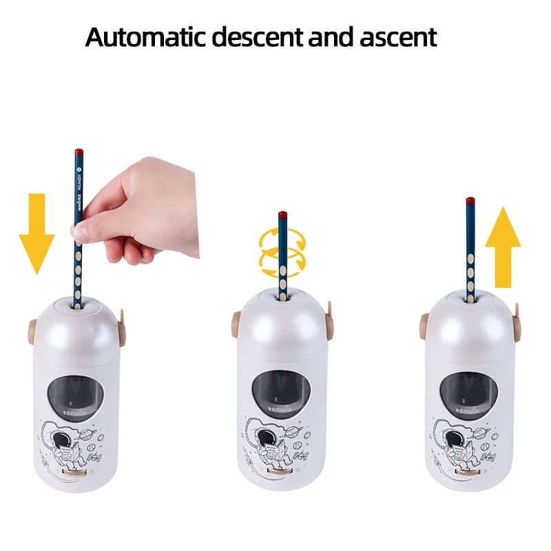 Automatische elektrische Bleistiftspitzer mit Ab- und Aufwärtsfunktion in drei Ansichten.
