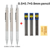 A set of mechanical pencils in 0.5, 0.7, and 0.9 mm sizes with HB lead tips.