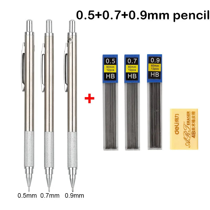 A set of mechanical pencils in 0.5, 0.7, and 0.9 mm sizes with HB lead tips.