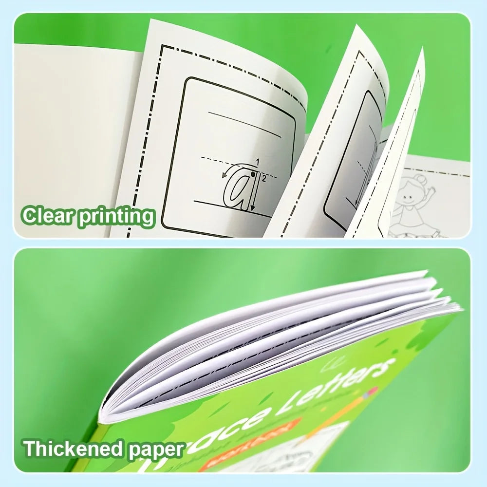 Nahaufnahme eines interaktiven Alphabet-Übungsbuches mit klaren Druck und verdicktem Papier.