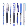 A set of five black and blue precision rollerball gel pens with metallic accents.