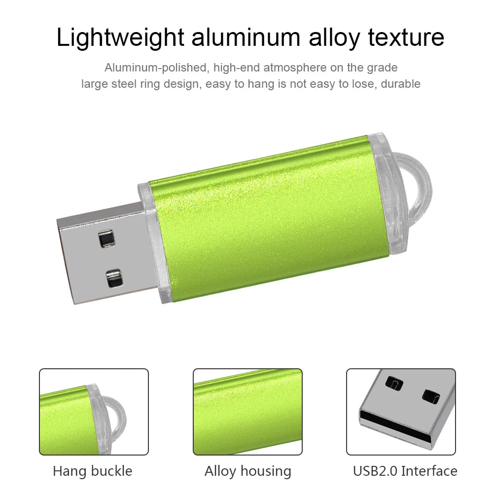 A lime green lightweight aluminum alloy texture USB flash drive with a metal ring design and various interface views.