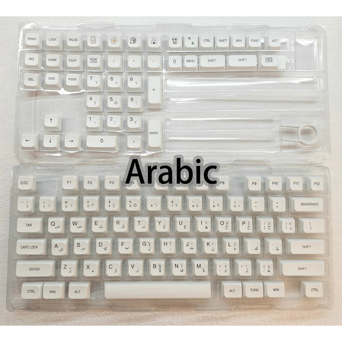 Set arabischer mechanischer Tastenkappen und Switches in klarem Kunststoff verpackt
