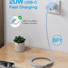 A blue USB-C fast charging cable is plugged into a white wall adapter, demonstrating 20W USB-C fast charging.