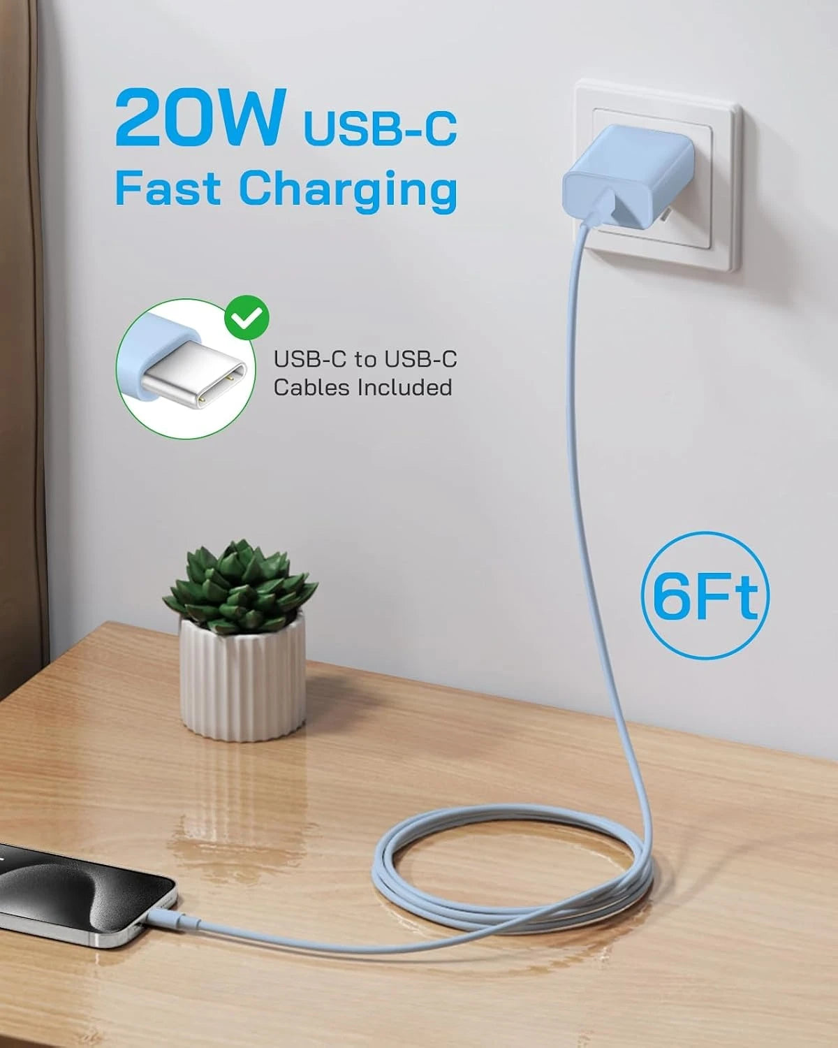 A blue USB-C fast charging cable is plugged into a white wall adapter, demonstrating 20W USB-C fast charging.