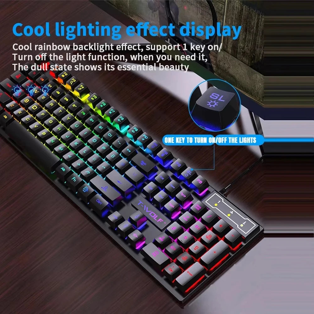 An RGB wired gaming keyboard with 104 keys displaying various colored backlights on a wooden desk.
