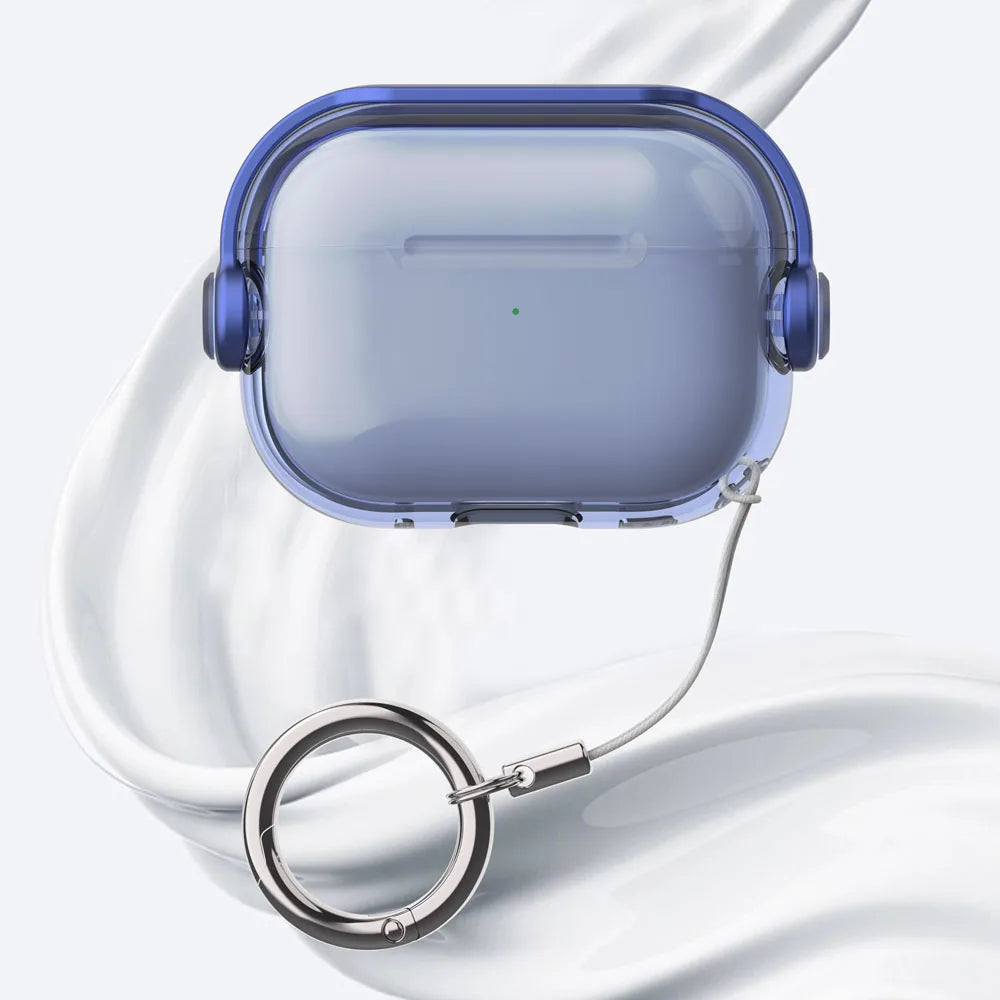 A light blue silicone lock case for AirPods is shown resting on a white surface.