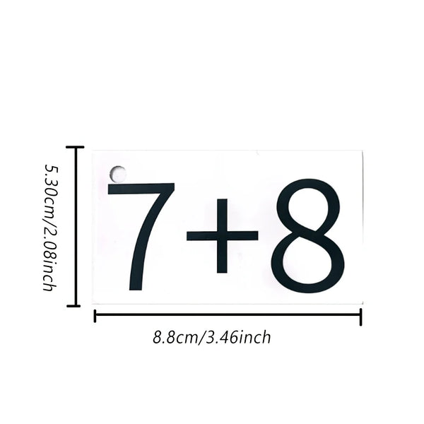A black card showing the addition problem 7 plus 8.