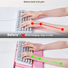 Comparison showing before and after use of an ergonomic keyboard wrist rest stand for relieving hand wrist pain.