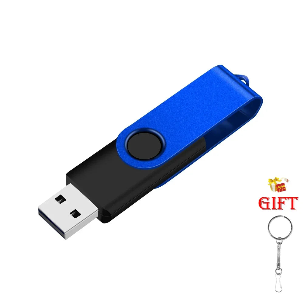 A blue high-capacity USB flash drive with a black casing and a keyring attached.