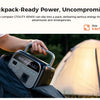 Eine Hand legt eine kompakte tragbare Solarladereinheit in einen Rucksack neben eine Zelt.