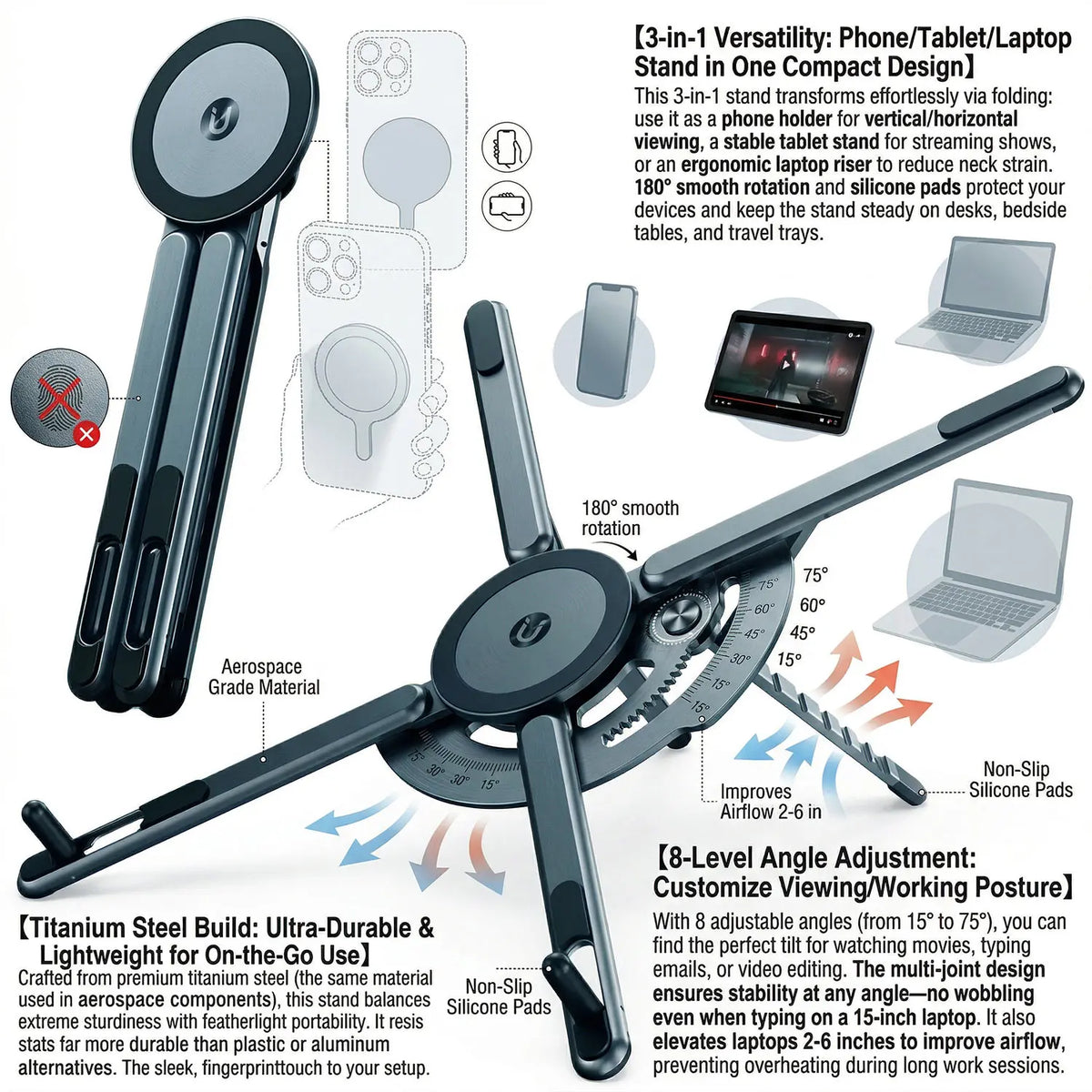 A three-in-one adjustable magnetic stand for phones, tablets, and laptops made of titanium.