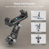 A black metal phone mount with three rotary joints used to adjust the angle for camera gear.