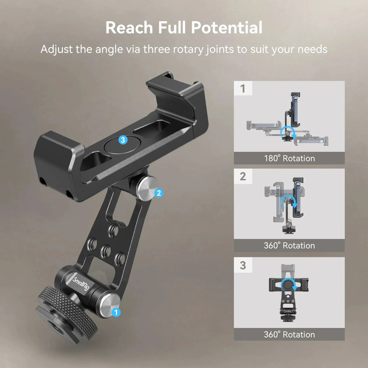 A black metal phone mount with three rotary joints used to adjust the angle for camera gear.