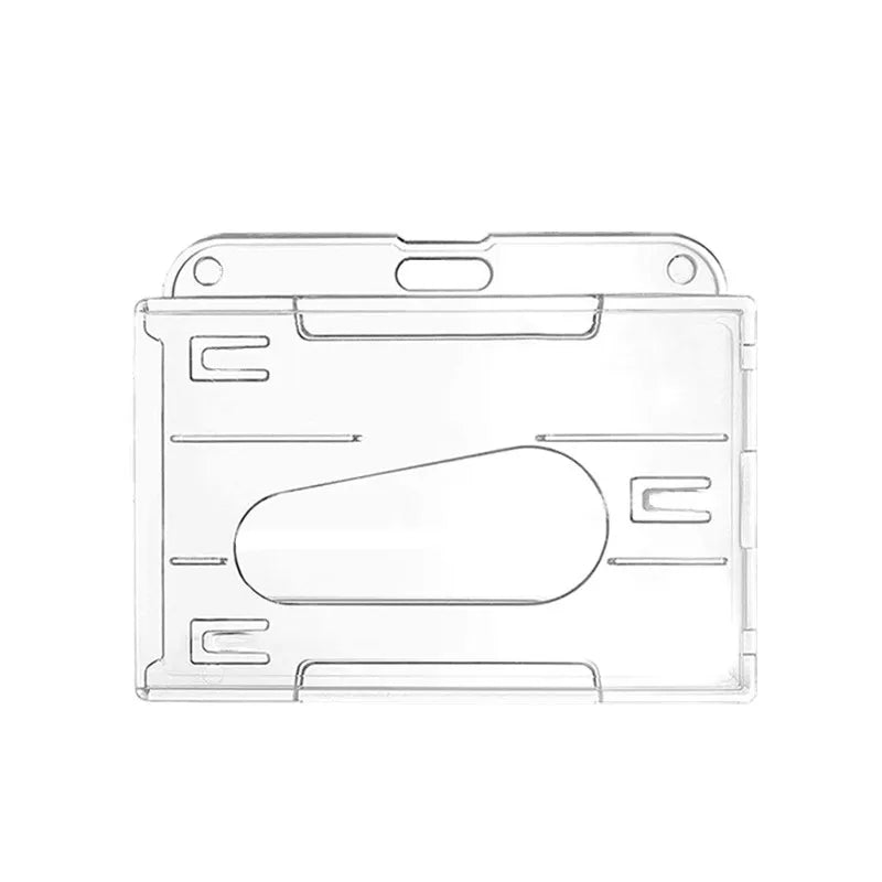 Porta credencial de plástico transparente con lazo incorporado.