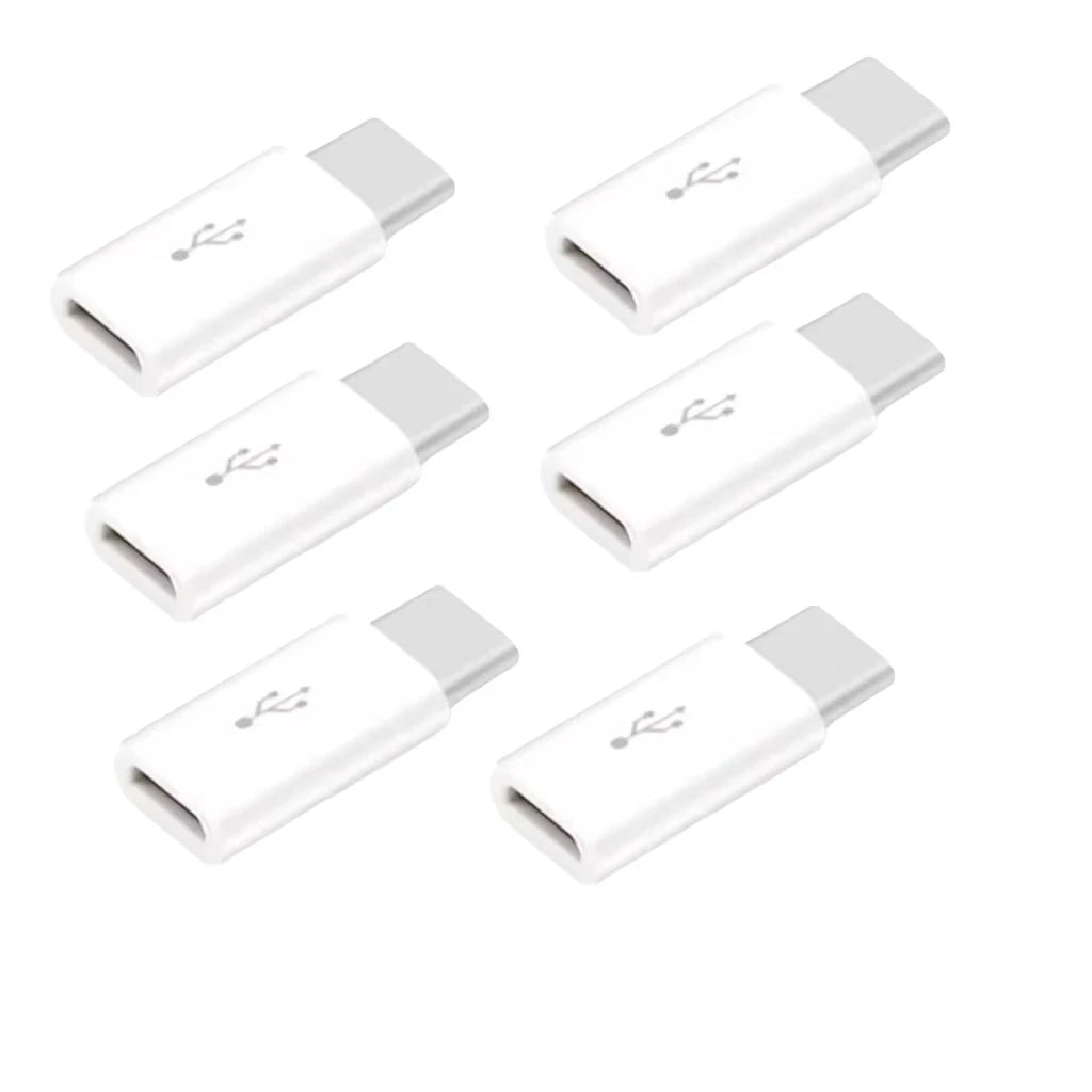 Four white USB-C to Micro USB adapters shown from different angles.