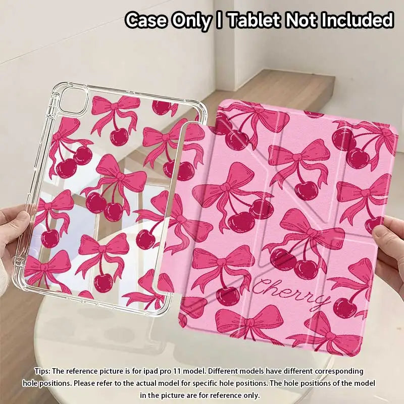 Pink cherry y-fold protective cover for an iPad shown in a clear case and a solid pink version.