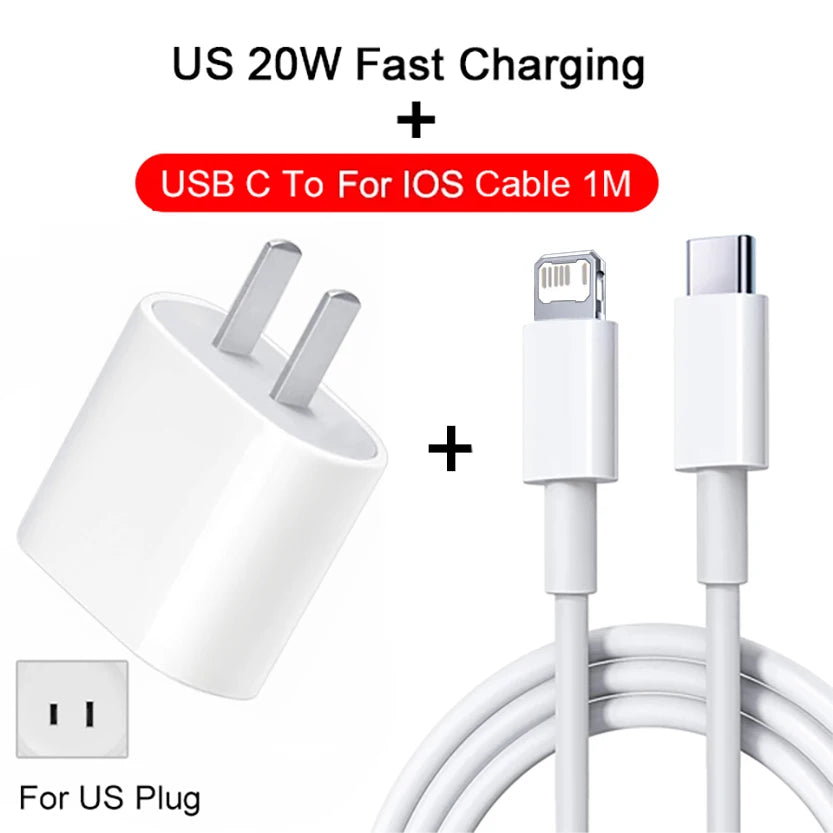 Weißer US-Steckeradapter und ein USB-C-zu-iOS-Kabel zum schnellen Laden