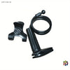 A black adjustable phone and tablet stand with a flexible neck for desktop use.