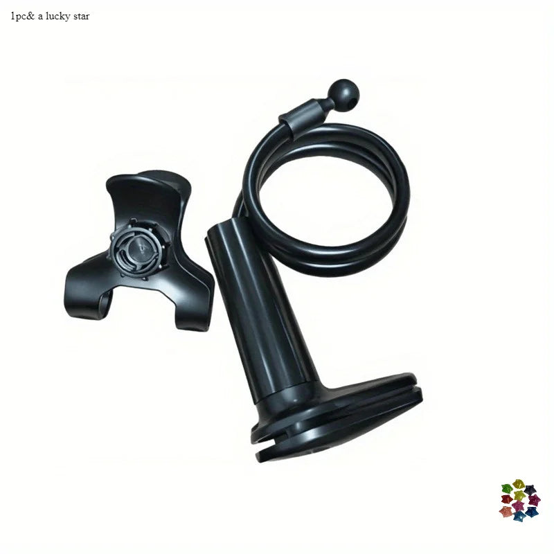 A black adjustable phone and tablet stand with a flexible neck for desktop use.