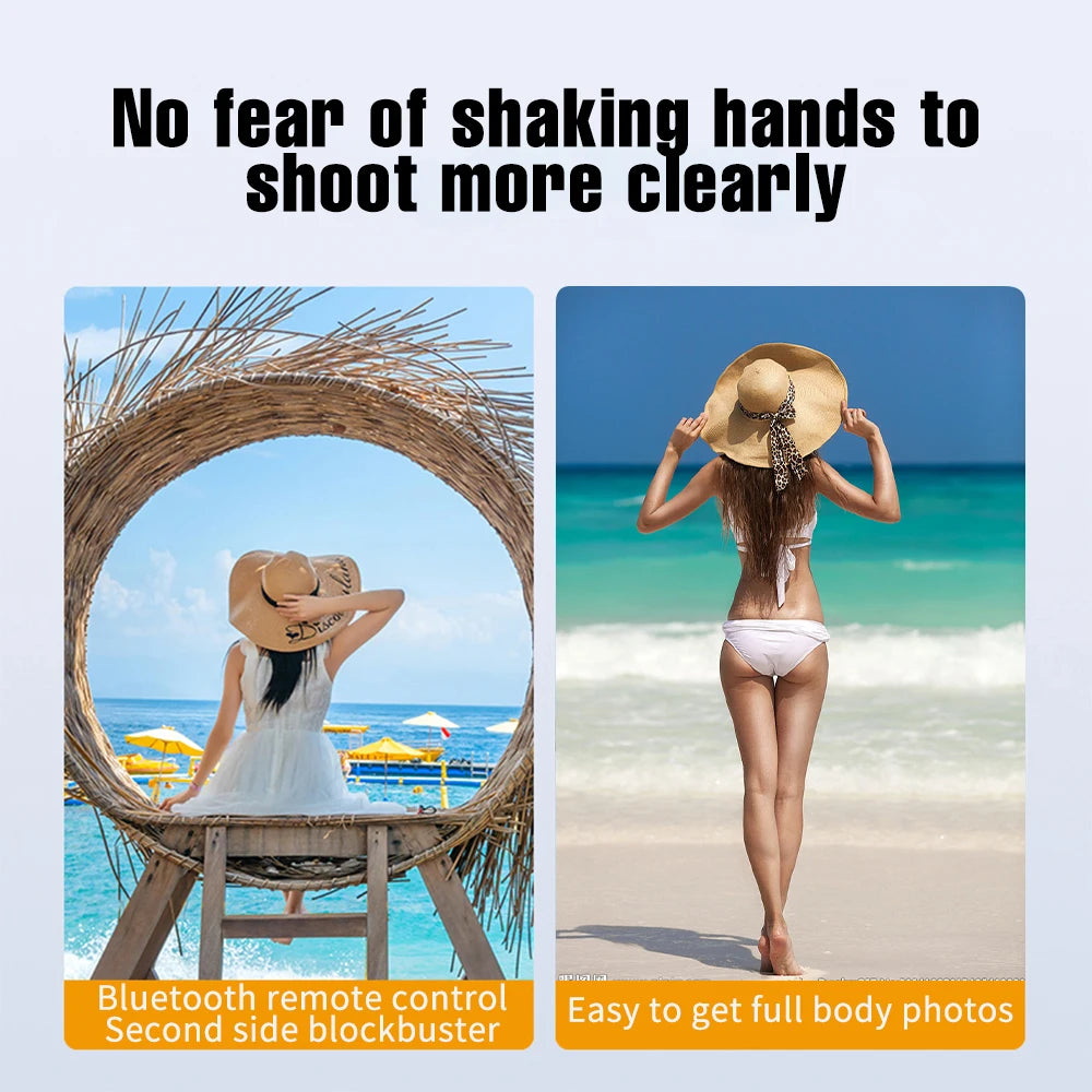 A woman poses for a photo using a Bluetooth remote and selfie stick tripod on a beach.