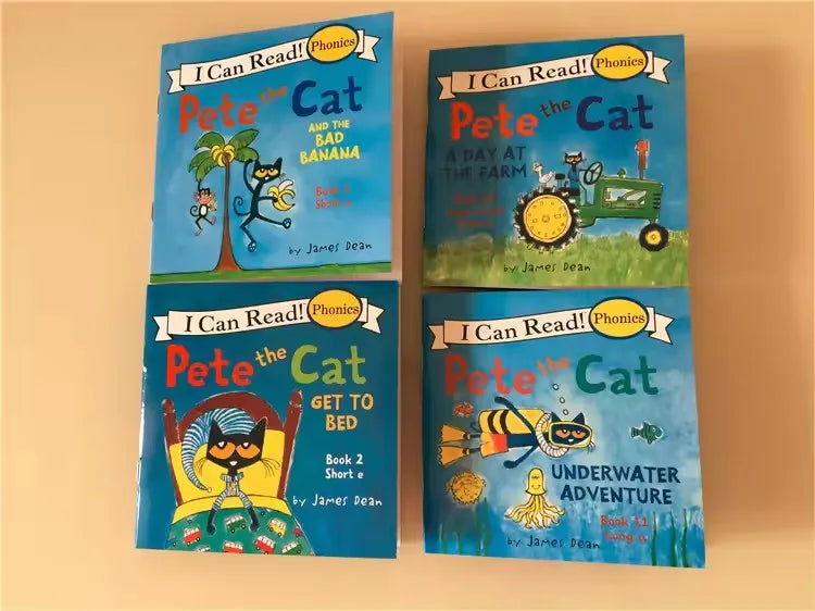 A stack of four Pete the Cat picture books featuring Pete the Cat and his adventures by James Dean