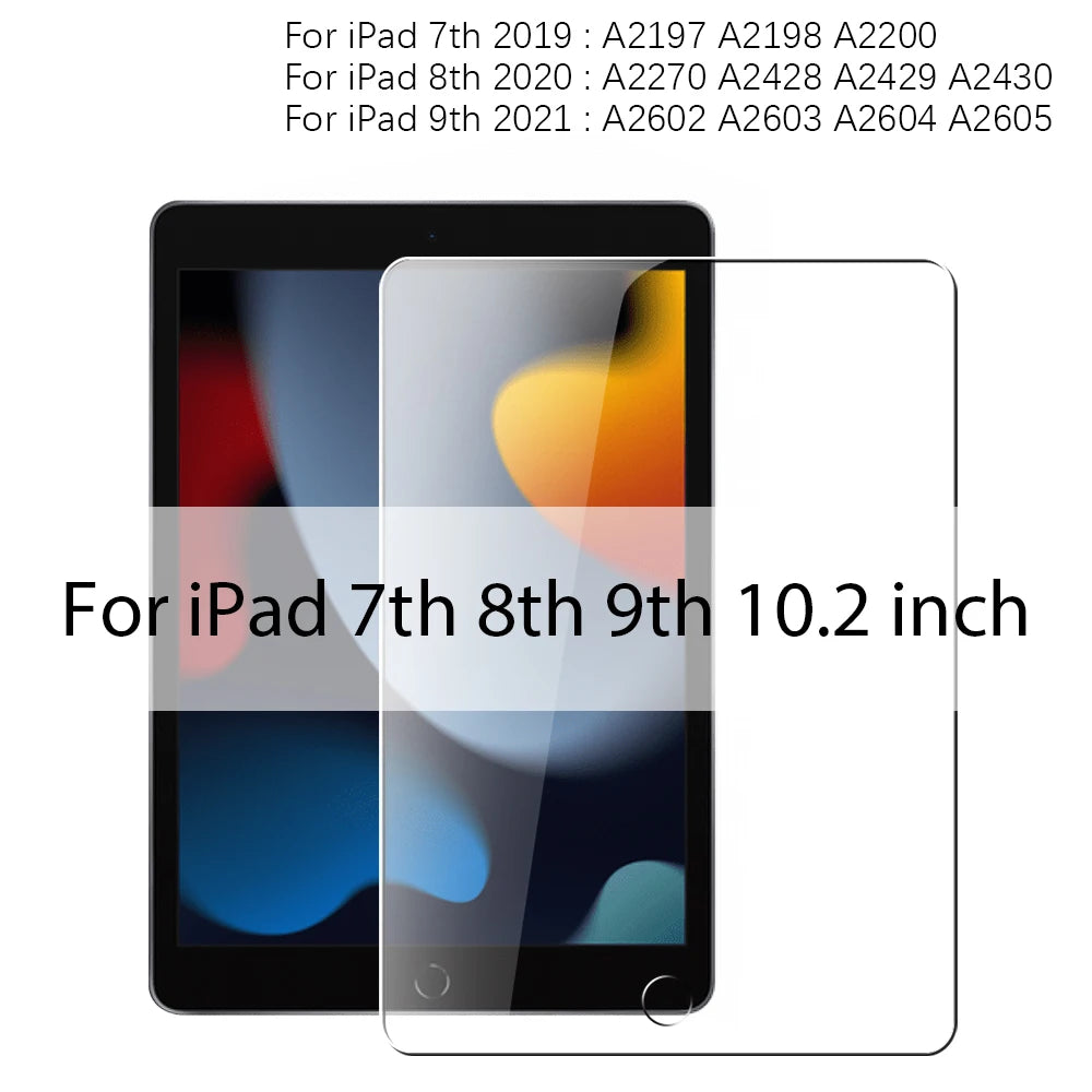 A transparent tempered glass screen protector for an iPad, shown alongside various model numbers.