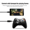 An image showing a smartphone connected to a game controller via a cable for gaming.