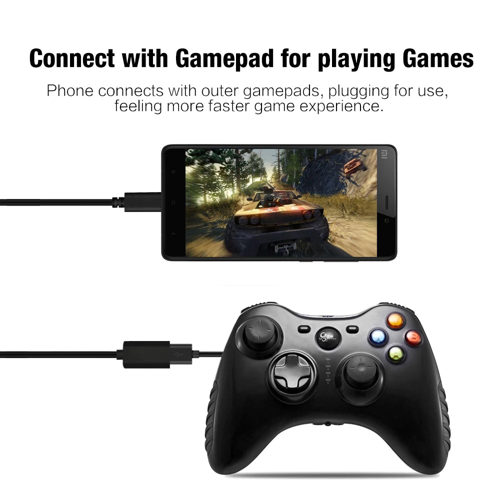 An image showing a smartphone connected to a game controller via a cable for gaming.