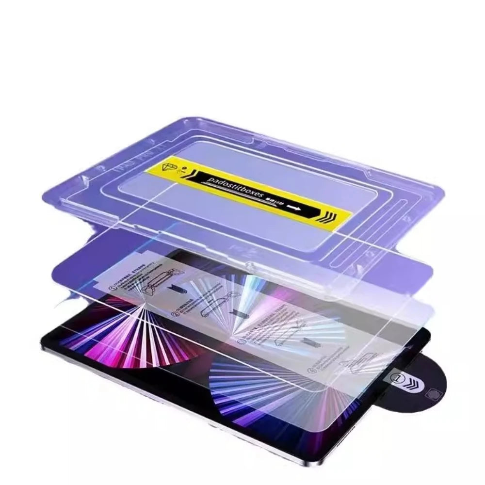 A clear plastic screen protector for an iPad, showing a purple tint and protective layers.