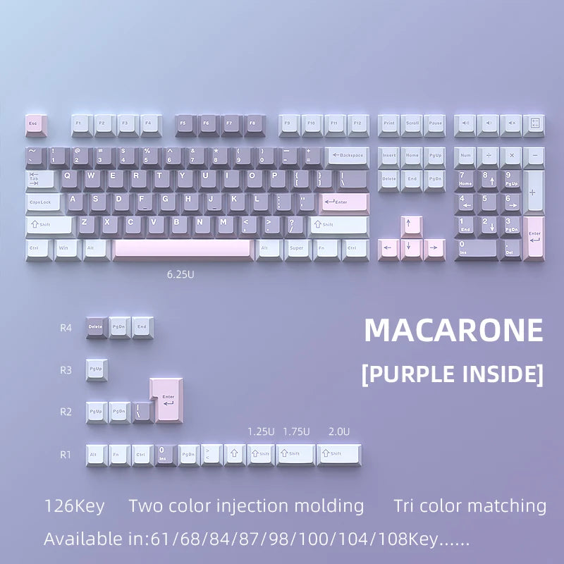 A set of 126-key double shot PBT keycaps with a purple inside color for mechanical keyboards