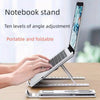 A portable and foldable notebook stand with ten levels of angle adjustment shown supporting a laptop.