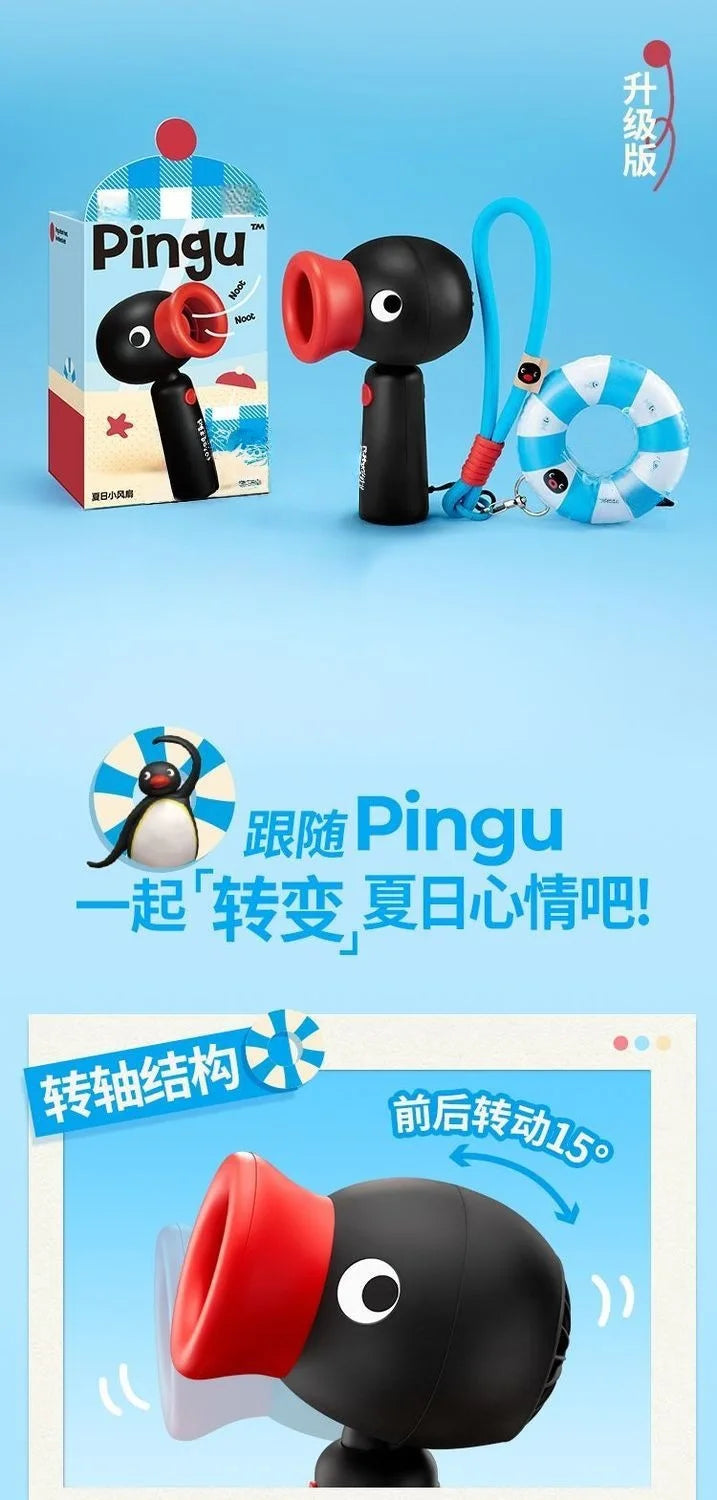 A black and red Pingu penguin rechargeable handheld fan with a rotating head is shown next to its cord.