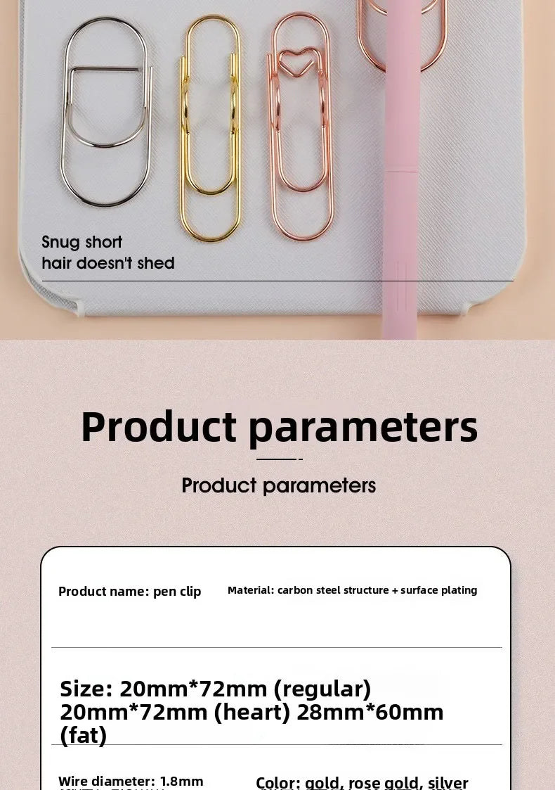 Three metal pen clips in gold, rose gold, and silver are shown on a light surface.