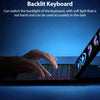 A hand is typing on a backlit keyboard case for an iPad, demonstrating the soft light feature.
