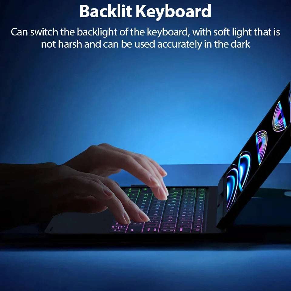 A hand is typing on a backlit keyboard case for an iPad, demonstrating the soft light feature.
